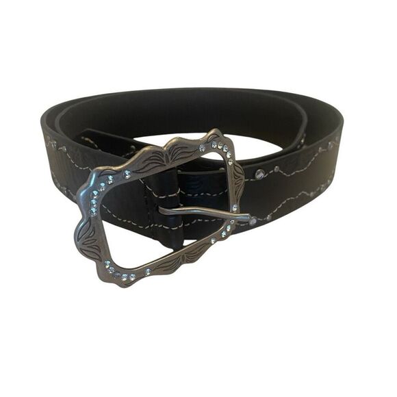 Nine West Black Genuine Leather Belt Studded Jewel Western Silver Buckle Large - Picture 1 of 7